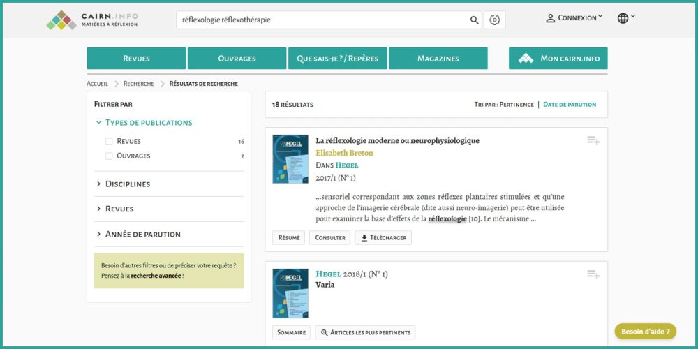 Articles sur les réflexologies et les réflexothérapies sur la plateforme Cairn.info